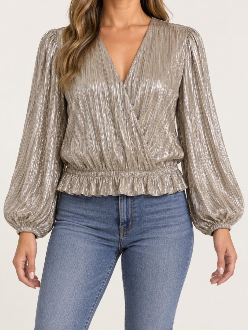 Chenault Metallic Pleated Surplice Blouse Size L